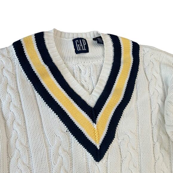 Vintage GAP White Cable Knit Cricket Sweater Preppy Tennis Sweater / Large - - Picture 2 of 5